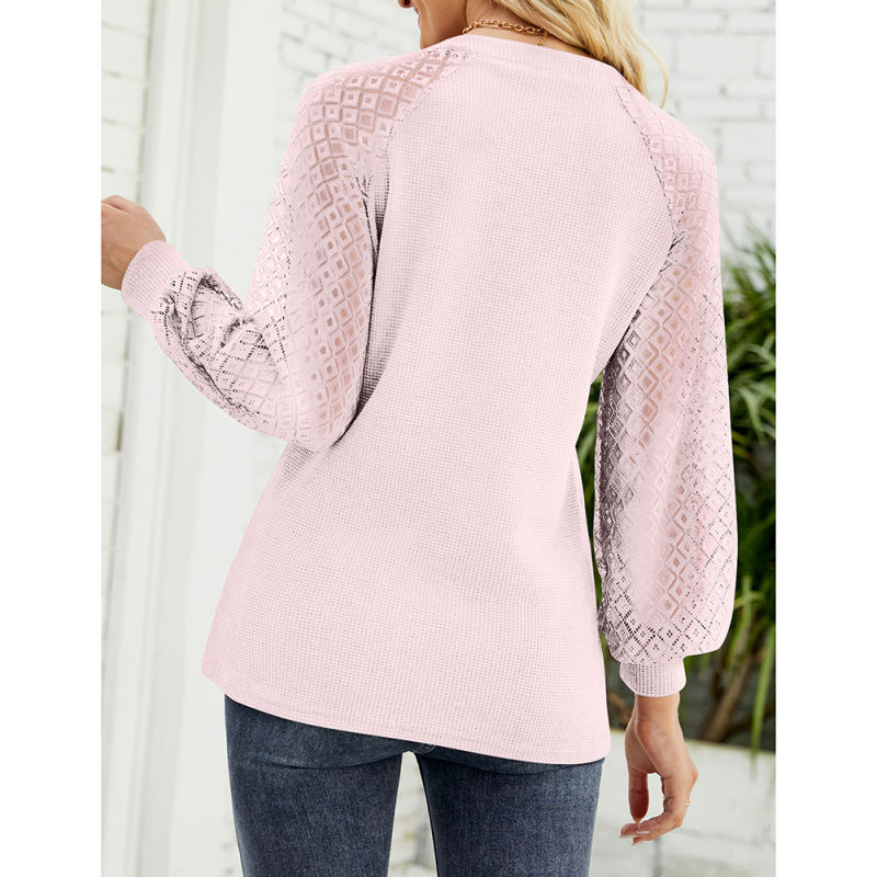 Pink Waffle Splicing Lace Long Sleeve Tops