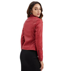 Red Slim Fit Stand Collar PU Motorcycle Jacket TQK280091-3