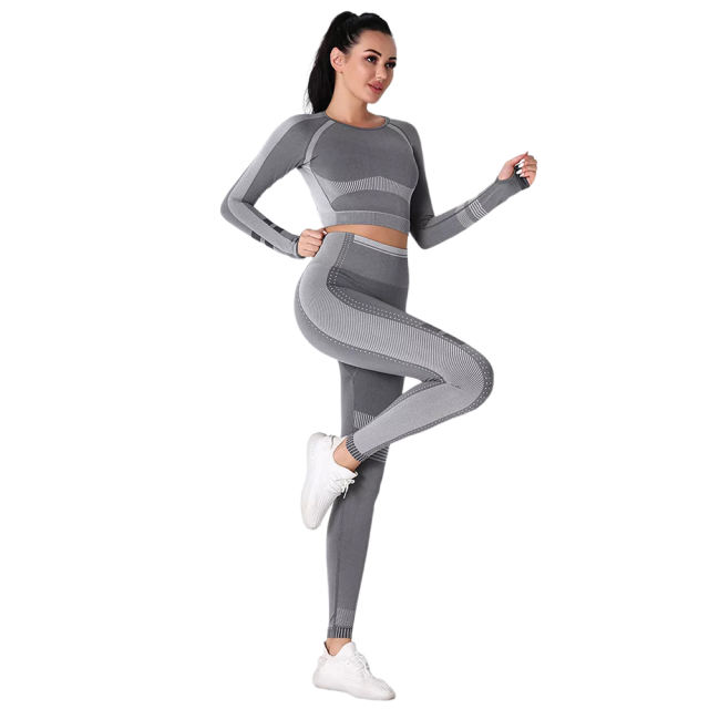 Dark Gray Seamless Knit Long Sleeve Pant Yoga Set TQE91372-26