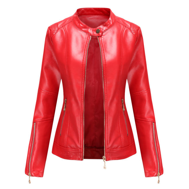 Red Stand Collar Zipper Detail PU Leather Jacket TQK280094-3