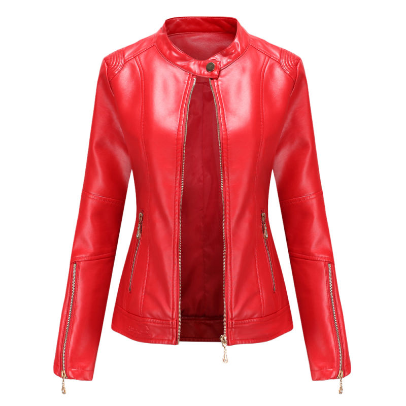 Red Stand Collar Zipper Detail PU Leather Jacket TQK280094-3