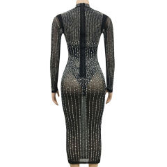Black Mesh Rhinestone Beading Padded Long Sleeve Dress TQK311127-2