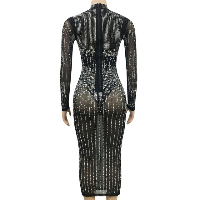 Black Mesh Rhinestone Beading Padded Long Sleeve Dress TQK311127-2