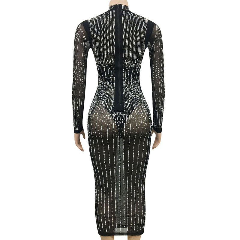 Black Mesh Rhinestone Beading Padded Long Sleeve Dress TQK311127-2