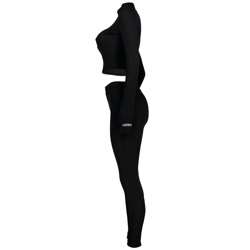 Black Cotton Blend Zipper Datail Long Sleeve Top with Pant Set TQK710132-2