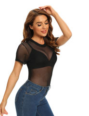 Black Short Sleeve Sheer Mesh Bodysuit TQF00004-2