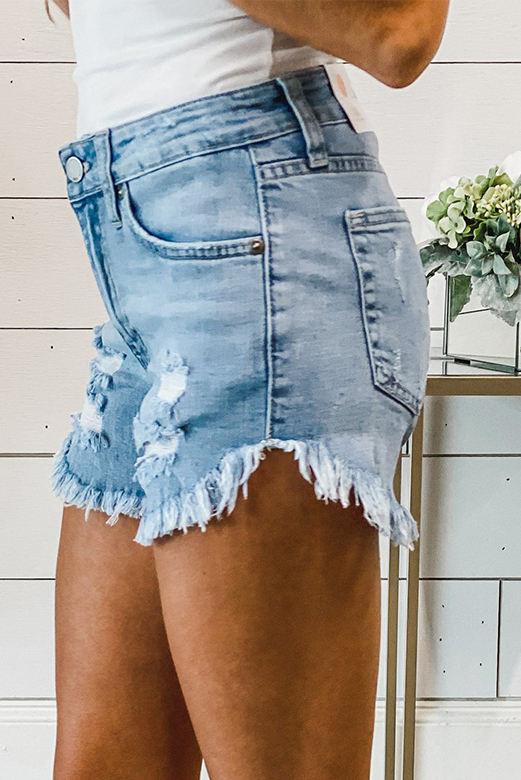 Light Blue Frayed Hem Denim Shorts LC781042-5