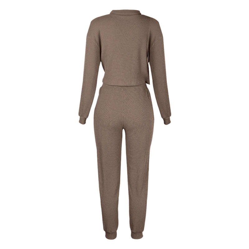 Coffee Zipper Up Leopard Detail Sweatshirt with Pant Set TQK710222-15
