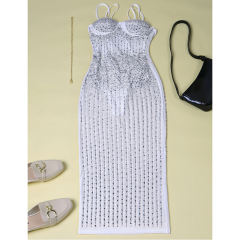 White Mesh Rhinestone Plus Size Sling Dress TQK310775-1