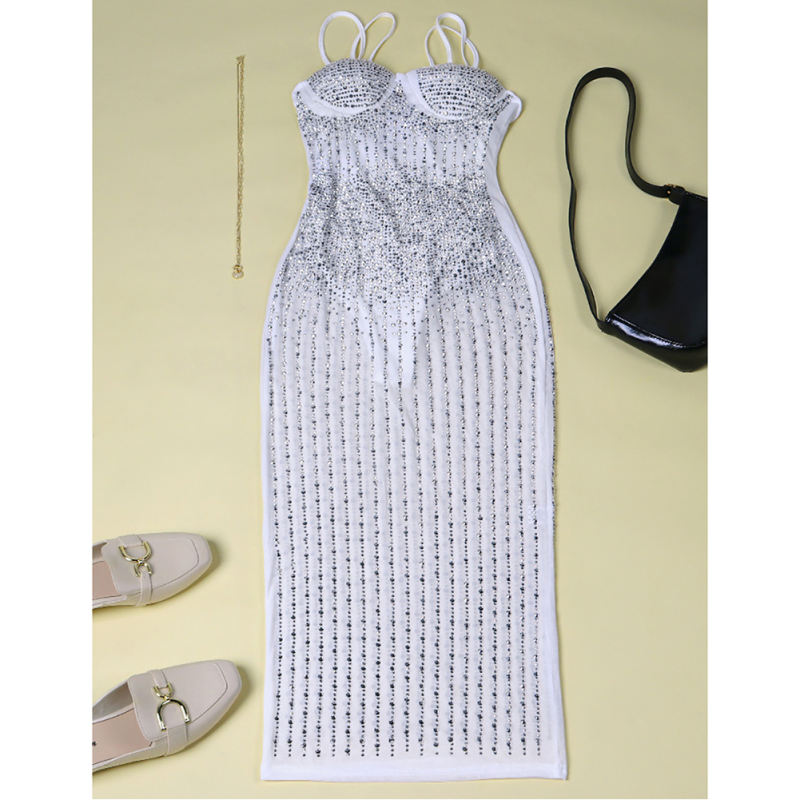 White Mesh Rhinestone Plus Size Sling Dress TQK310775-1