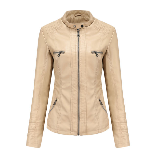 Apricot Removable Hooded Washed PU Leather Jacket TQK280096-18