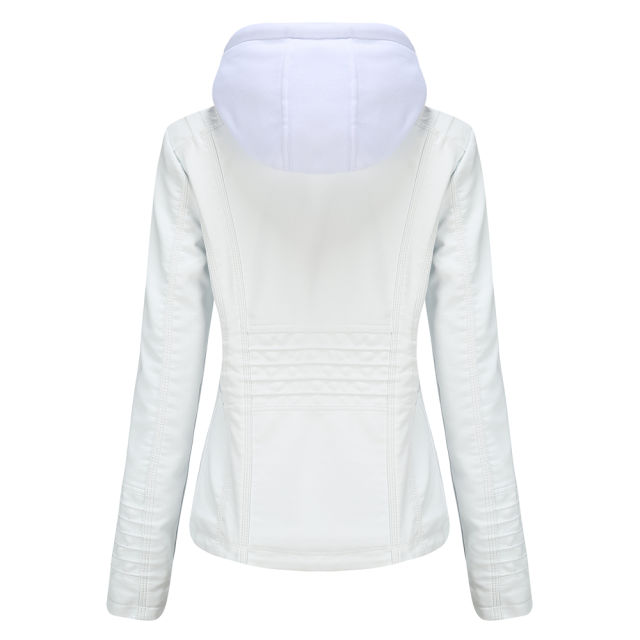 White Removable Hooded Washed PU Leather Jacket TQK280096-1