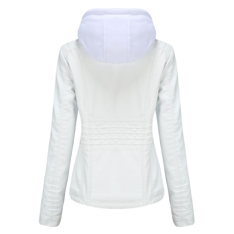 White Removable Hooded Washed PU Leather Jacket TQK280096-1