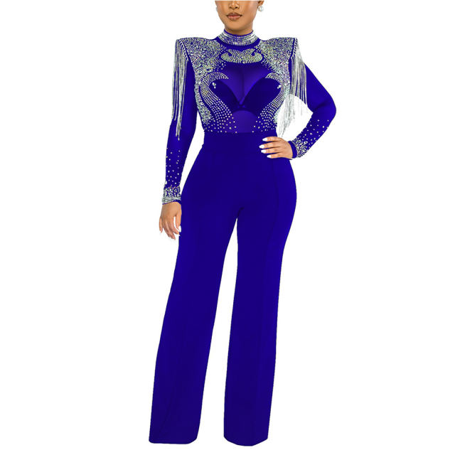 Blue Rhinestone Mock Neck Tassel Jumpsuit TQK550272-5