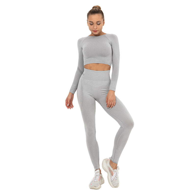 Light Grey Seamless Long Sleeve Yoga Sports Set TQE00135-112
