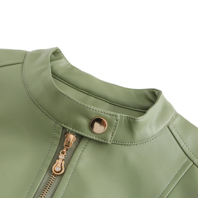 Light Green Stand Collar Zipper Detail PU Leather Jacket TQK280094-28