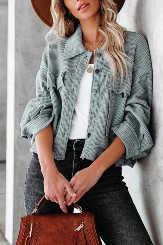 Sky Blue Waffle Knit Buttons Cropped Jacket with Pockets  LC8512529-4