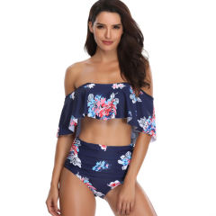 Navy Blue Floral Print High Waist Bikini Swimsuit