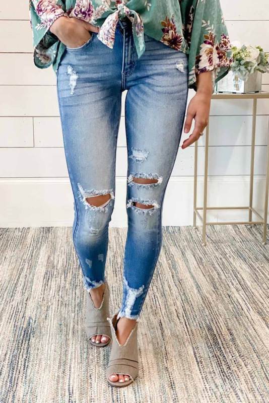 Faded Mid High Rise Jeans with Holes LC78267-4
