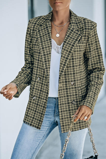 Black Plaid Double Breasted Lapel Collar Blazer LC852395-2