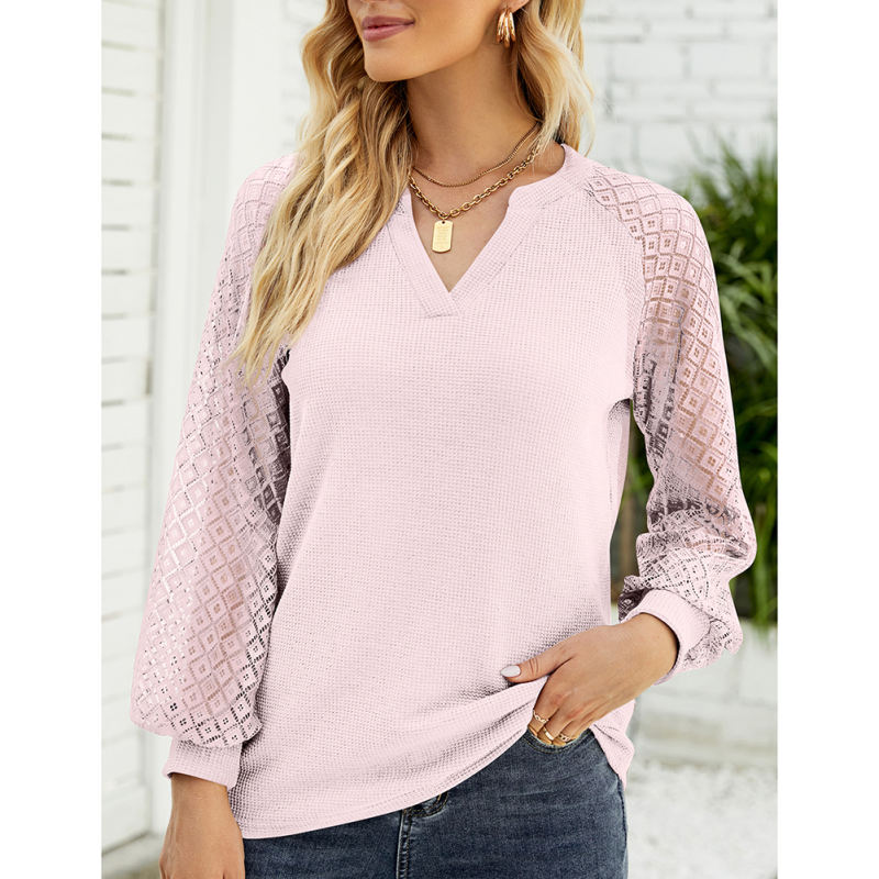 Pink Waffle Splicing Lace Long Sleeve Tops TQF210082-10