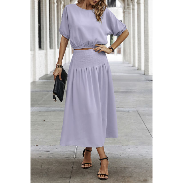 Light Purple Pleated Crop Top with Skirt Set TQX711094-38