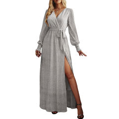 Silver Sequin V Neck High Split Maxi Dress TQK311352-13