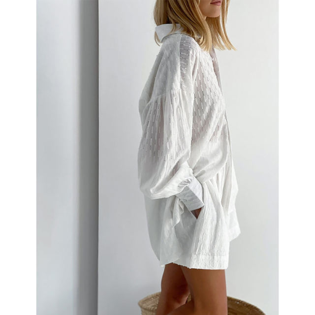 White Hollow-out Jacquard Long Sleeve Shirt with Shorts Set TQF711040-1