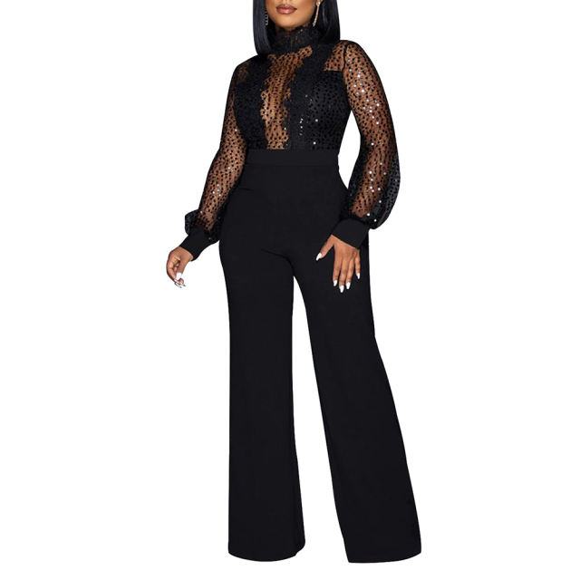 Black Back Lace-up Long Sleeve Sequin Jumpsuit TQK550346-2