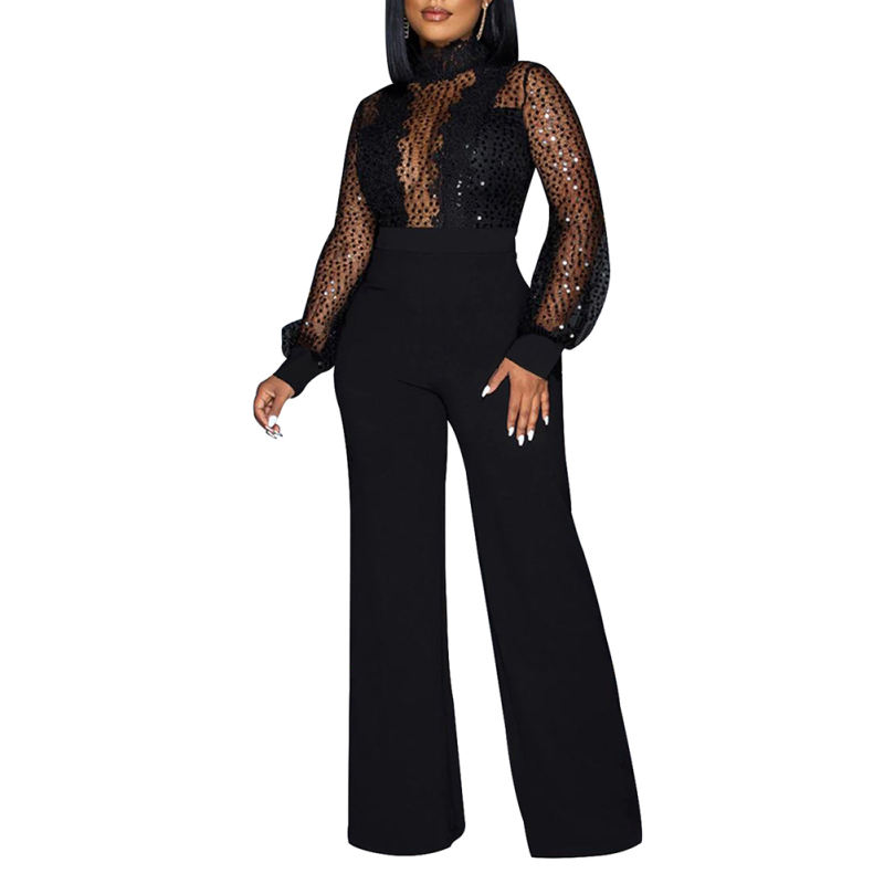 Black Back Lace-up Long Sleeve Sequin Jumpsuit TQK550346-2