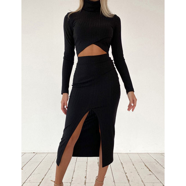 Black Turtleneck Crop Top with Slit Skirt 2pcs Set TQF711032-2