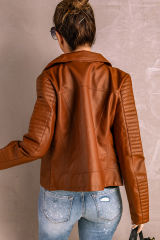 Brown Ribbed Seam Detail Faux Leather Zipped Motorcycle Jacket LC8512444-17