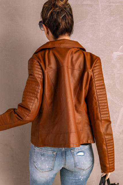 Brown Ribbed Seam Detail Faux Leather Zipped Motorcycle Jacket LC8512444-17