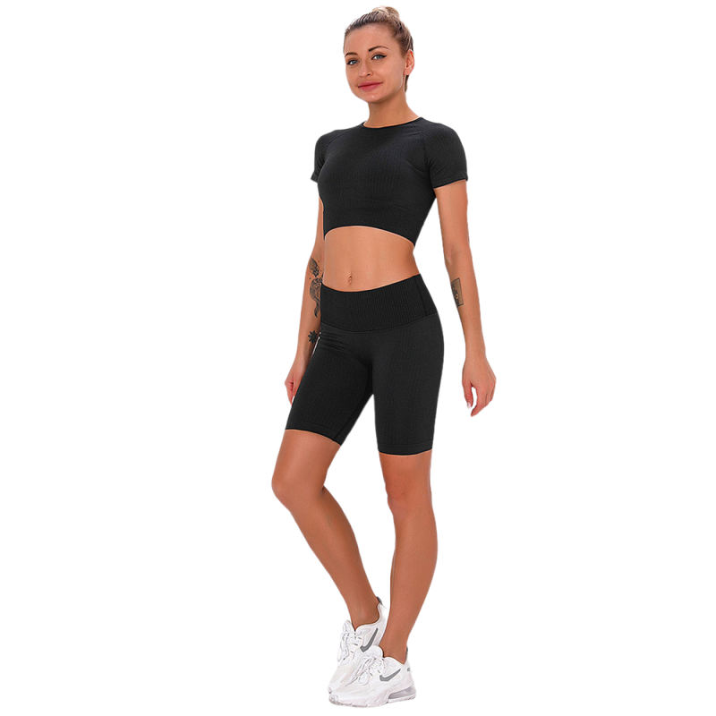 Black Seamless Short Sleeve Yoga Sports Set TQE00138-2