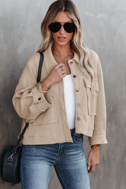 Khaki Waffle Knit Thermal Shacket LC8512529-16