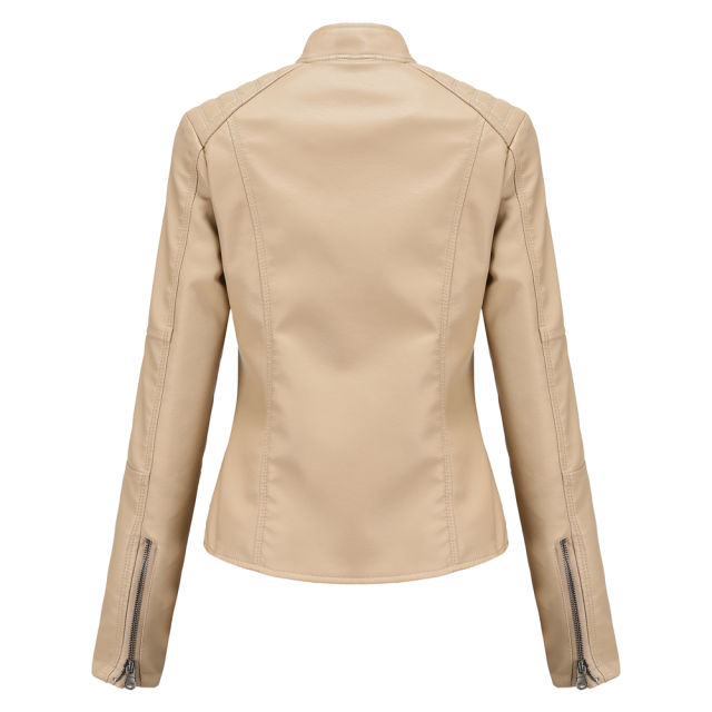 Apricot Slim Fit Stand Collar PU Motorcycle Jacket TQK280091-18