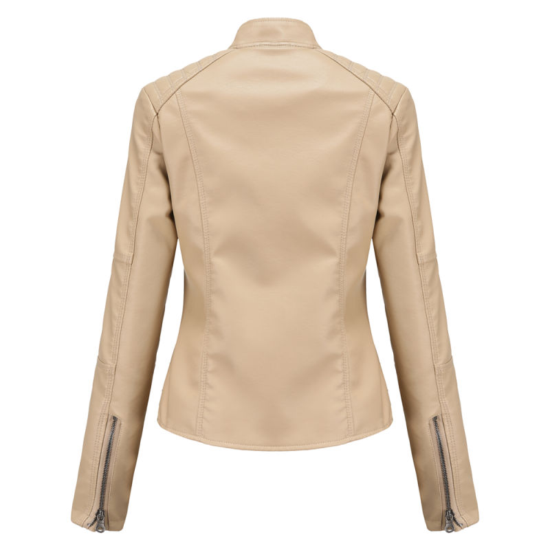Apricot Slim Fit Stand Collar PU Motorcycle Jacket TQK280091-18
