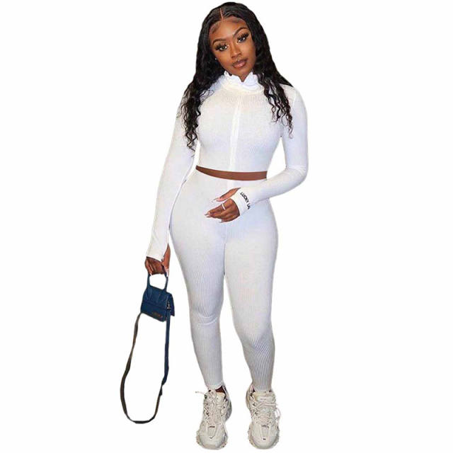 White Cotton Blend Zipper Datail Long Sleeve Top with Pant Set TQK710132-1