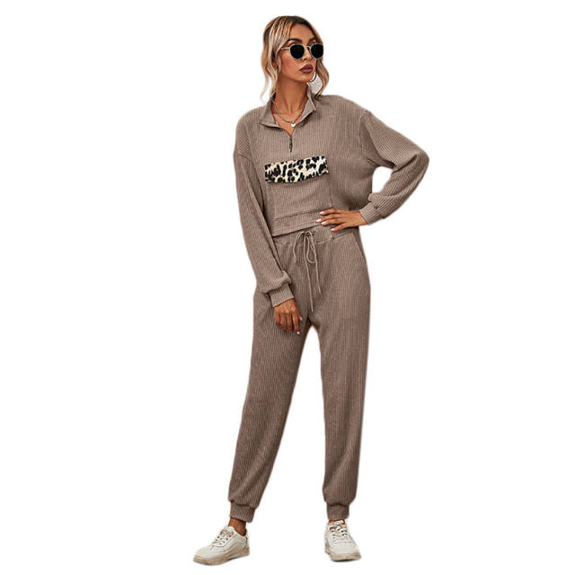 Coffee Zipper Up Leopard Detail Sweatshirt with Pant Set TQK710222-15