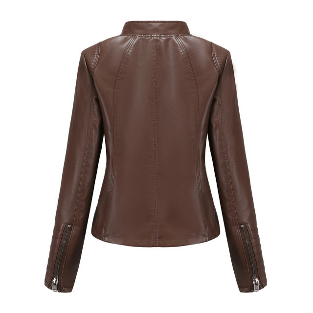 Coffee Zipper Pockets Long Sleeve PU Leather Jacket TQK280093-15