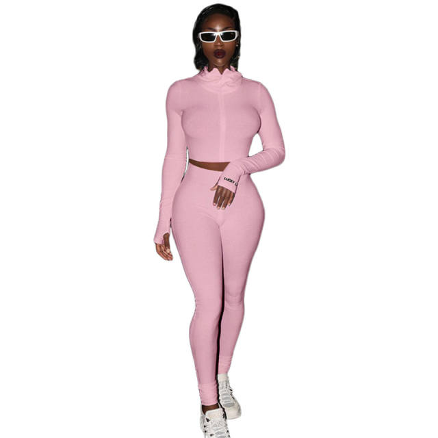 Light Pink Cotton Blend Zipper Datail Long Sleeve Top with Pant Set TQK710132-39