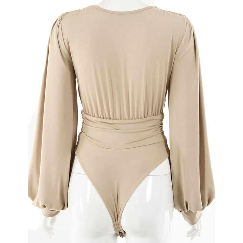 Khaki Deep V Neck Pleated Long Sleeve Bodysuit TQK550214-21
