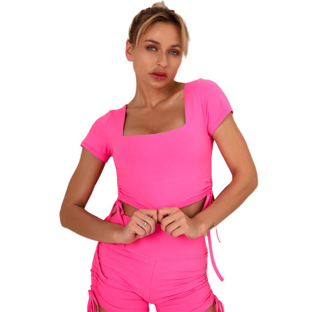 Rosy Sides Drawstring Short Sleeve Yoga Short Set TQK710241-6