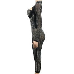 Black Mesh Rhinestone Beading Padded Long Sleeve Dress TQK311127-2