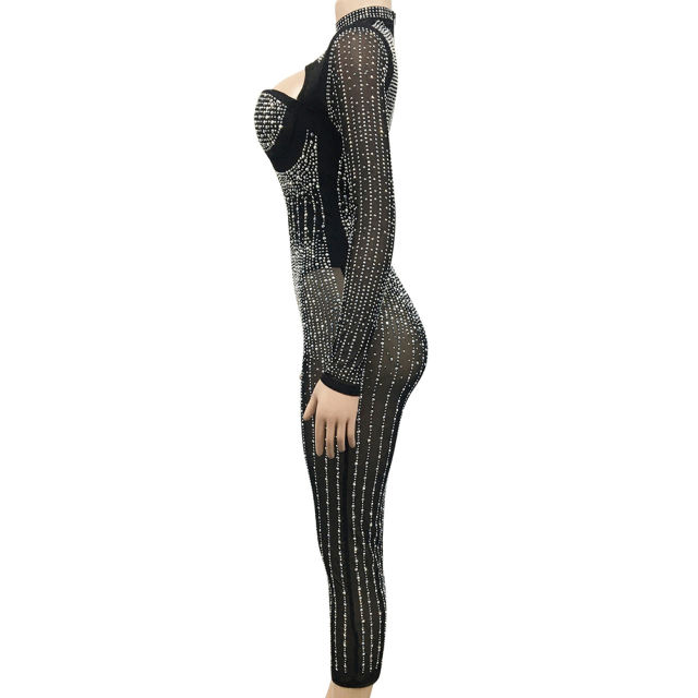 Black Mesh Rhinestone Beading Padded Long Sleeve Dress TQK311127-2