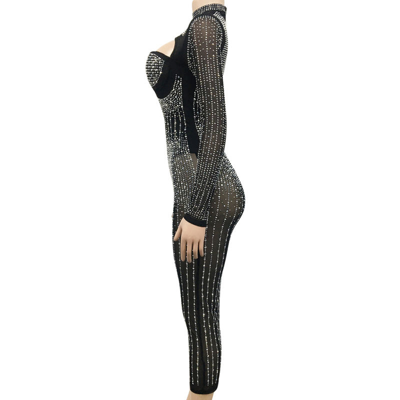 Black Mesh Rhinestone Beading Padded Long Sleeve Dress TQK311127-2