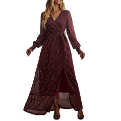 Burgundy Sequin V Neck High Split Maxi Dress TQK311352-23