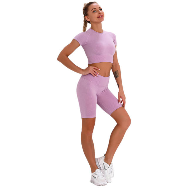 Pink Taupe Seamless Short Sleeve Yoga Sports Set TQE00138-87