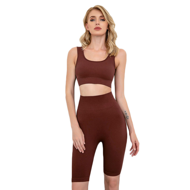 Brown Seamless Knit Yoga Bra with Shorts Set TQK710237-17