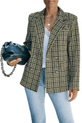 Black Plaid Double Breasted Lapel Collar Blazer LC852395-2